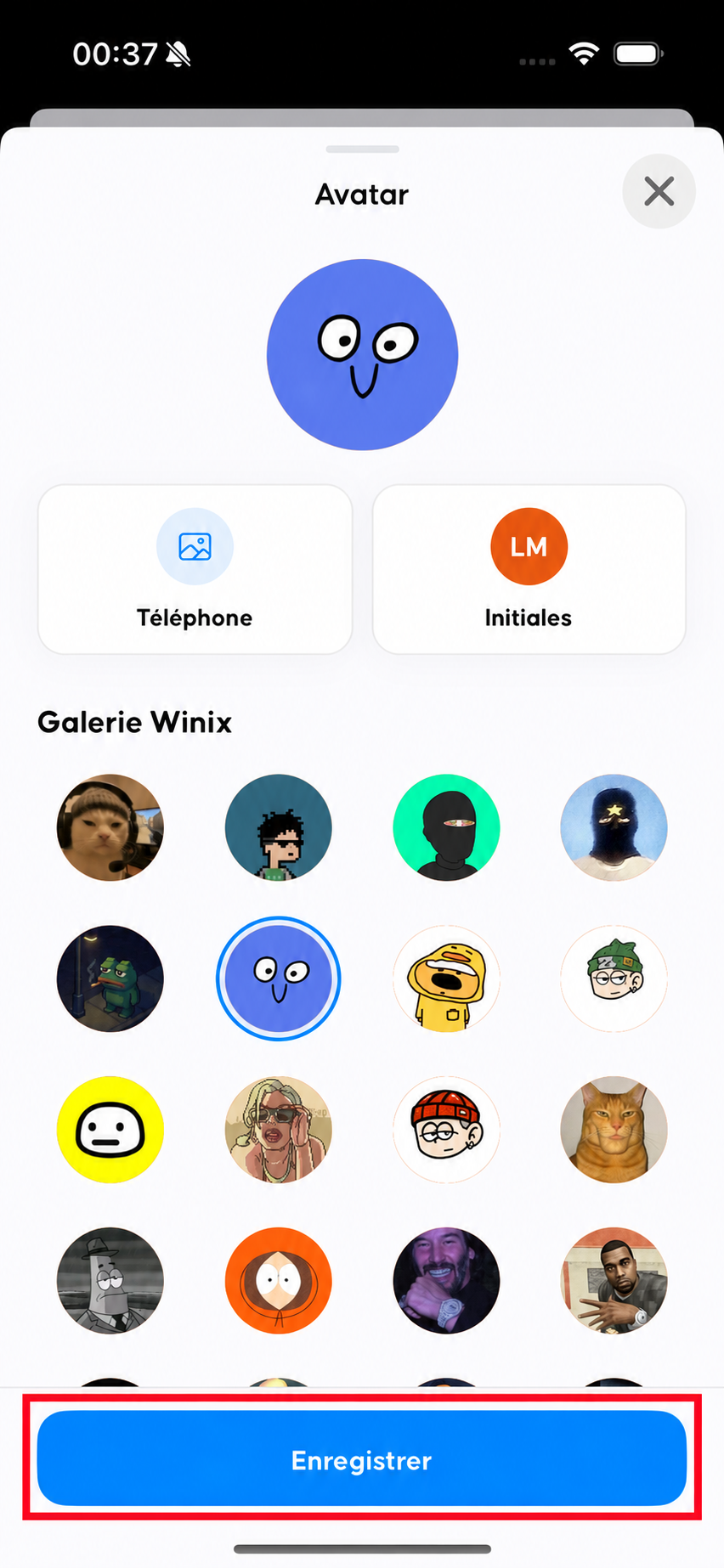 Avatar selection with a red rectangle around the enabled Enregistrer button.